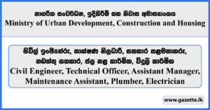 Civil Engineer, Technical Officer, Assistant Manager, Maintenance Assistant, Plumber, Electrician - Ministry of Urban Development, Construction and Housing Vacancies 2025