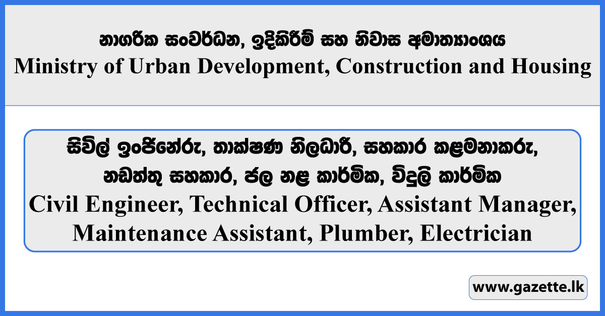 Civil Engineer, Technical Officer, Assistant Manager, Maintenance Assistant, Plumber, Electrician - Ministry of Urban Development, Construction and Housing Vacancies 2025