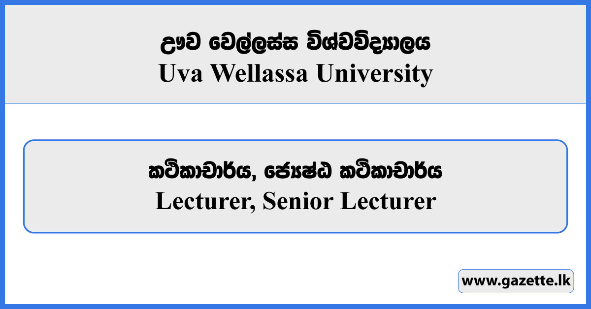 Lecturer, Senior Lecturer - Uva Wellassa University Vacancies 2025