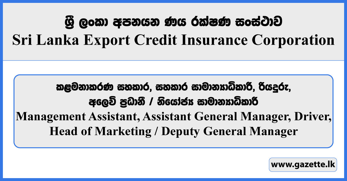 Management Assistant, Head of Marketing / Deputy General Manager, Assistant General Manager, Driver - Sri Lanka Export Credit Insurance Corporation Vacancies 2024