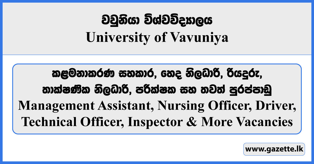 Management Assistant, Security Inspector, Nursing Officer, Library Information Assistant, Technical Officer, Technical Officer, Marshal, Public Health Inspector, Caretaker & Cook, Laboratory Attendant, Driver, Vehicle Cleaner, Library Attendant, Groundsman - University of Vavuniya Vacancies 2024