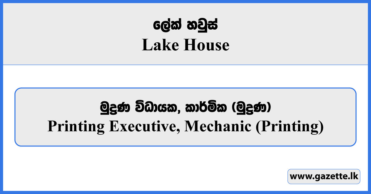 Printing Executive, Mechanic (Printing) - Lake House Vacancies 2024