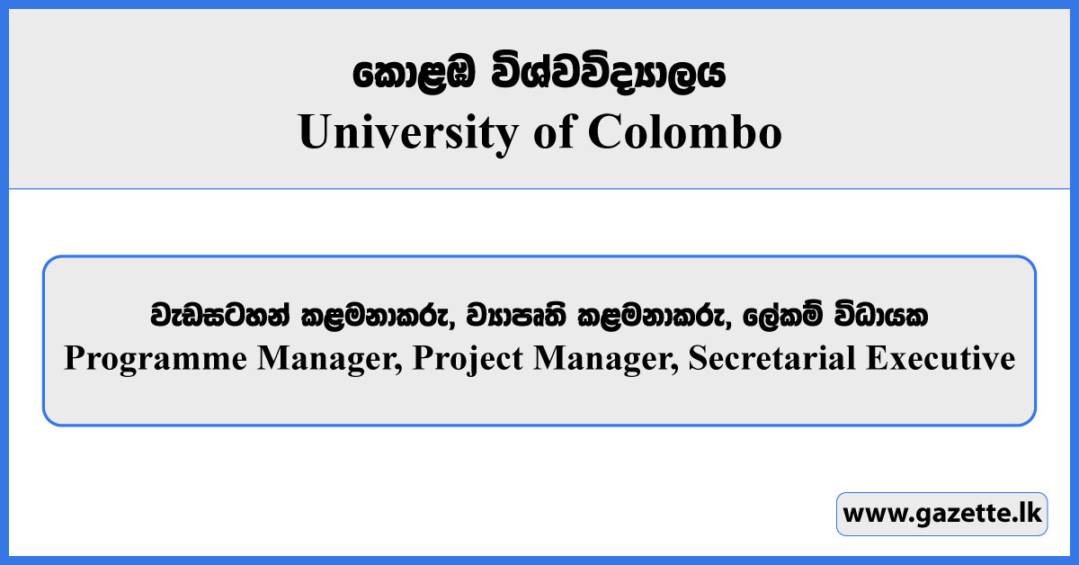 Programme Manager, Project Manager, Secretarial Executive - University of Colombo Vacancies 2024