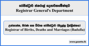 Registrar of Births, Deaths and Marriages (Badulla District) - Registrar General's Department Vacancies 2024