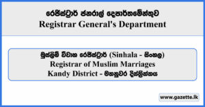 Registrar of Muslim Marriages - Kandy District (Sinhala) - Registrar General's Department Vacancies 2025