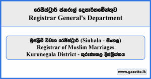 Registrar of Muslim Marriages - Kurunegala District (Sinhala) - Registrar General's Department Vacancies 2025