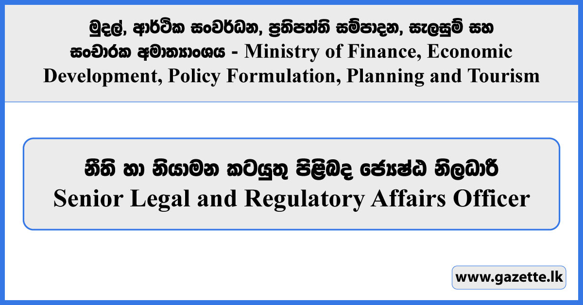 Senior Legal and Regulatory Affairs Officer - Ministry of Finance, Economic Development, Policy Formulation, Planning and Tourism Vacancies 2024