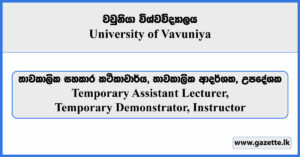 Temporary Assistant Lecturer, Temporary Demonstrator, Instructor - University of Vavuniya Vacancies 2024